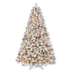 7.5ft Pre-lit Snow Flocked Artificial Hinged Christmas Trees with 350 Warm White Lights -White