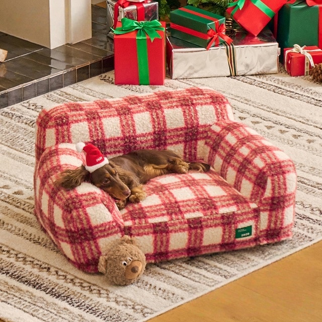 Christmas Plaid Soft Plush Pet Sofa Bed