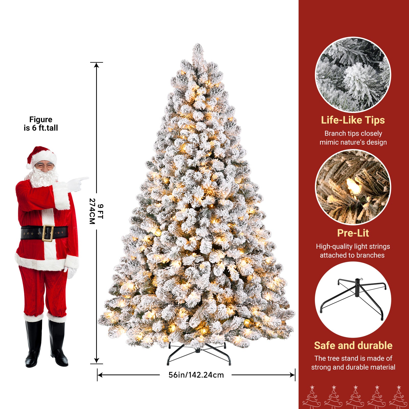 9ft Warm White Lights Snow Flocked Spruce Artificial Xmas Christmas Trees - Image 4