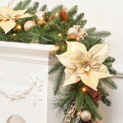 ILluminatedtrees Prelit Christmas Garland Decorations with Multi-Color LED Lights Battery-Operated Timer Lighted Garland with Ball Poinsettia