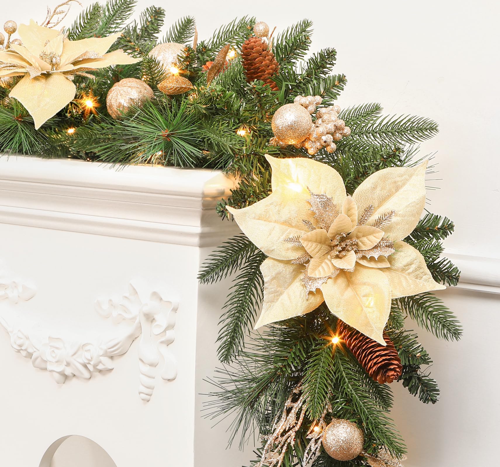 ILluminatedtrees Prelit Christmas Garland Decorations with Multi-Color LED Lights Battery-Operated Timer Lighted Garland with Ball Poinsettia