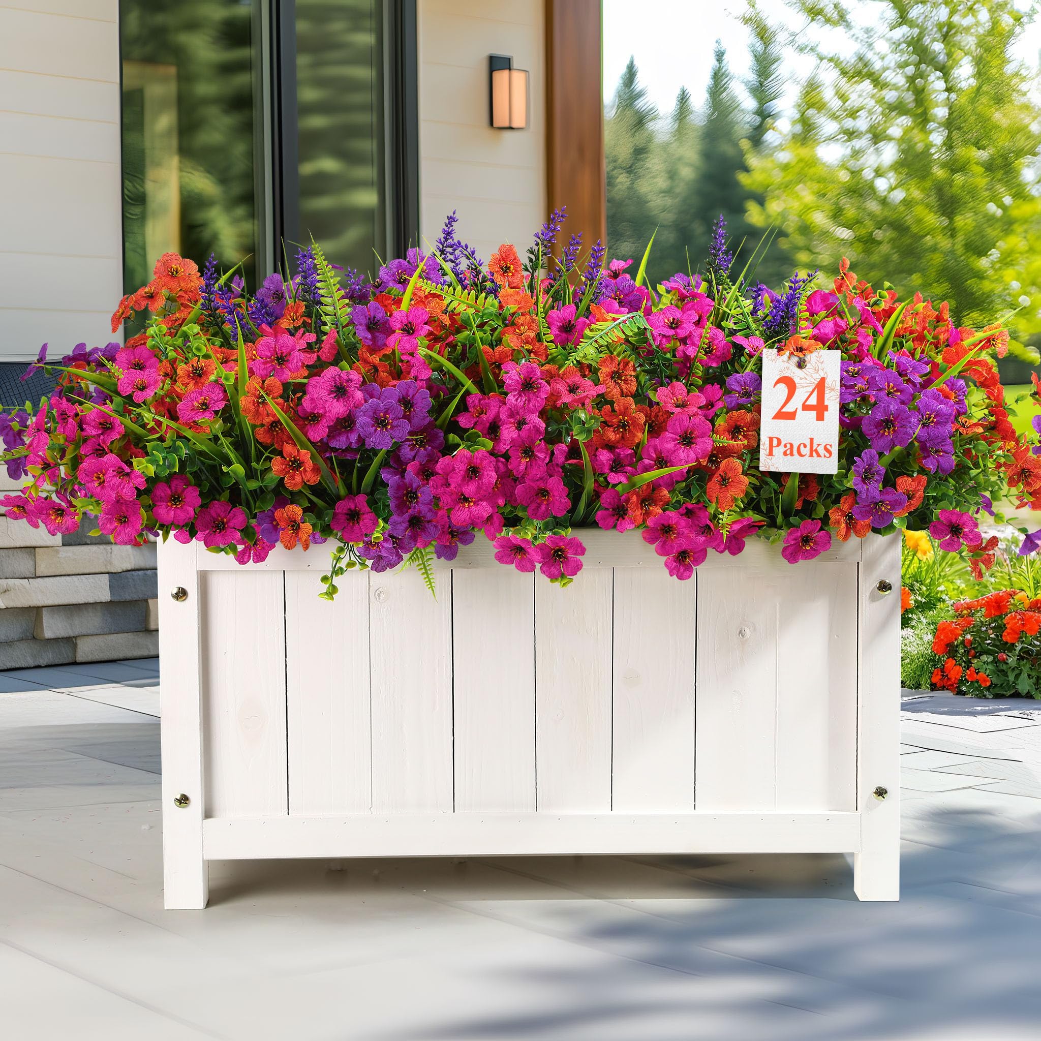 24 Bundles Artificial Flowers UV Resistant Eucalyptus Violet and Lavender- Orange Rose Purple