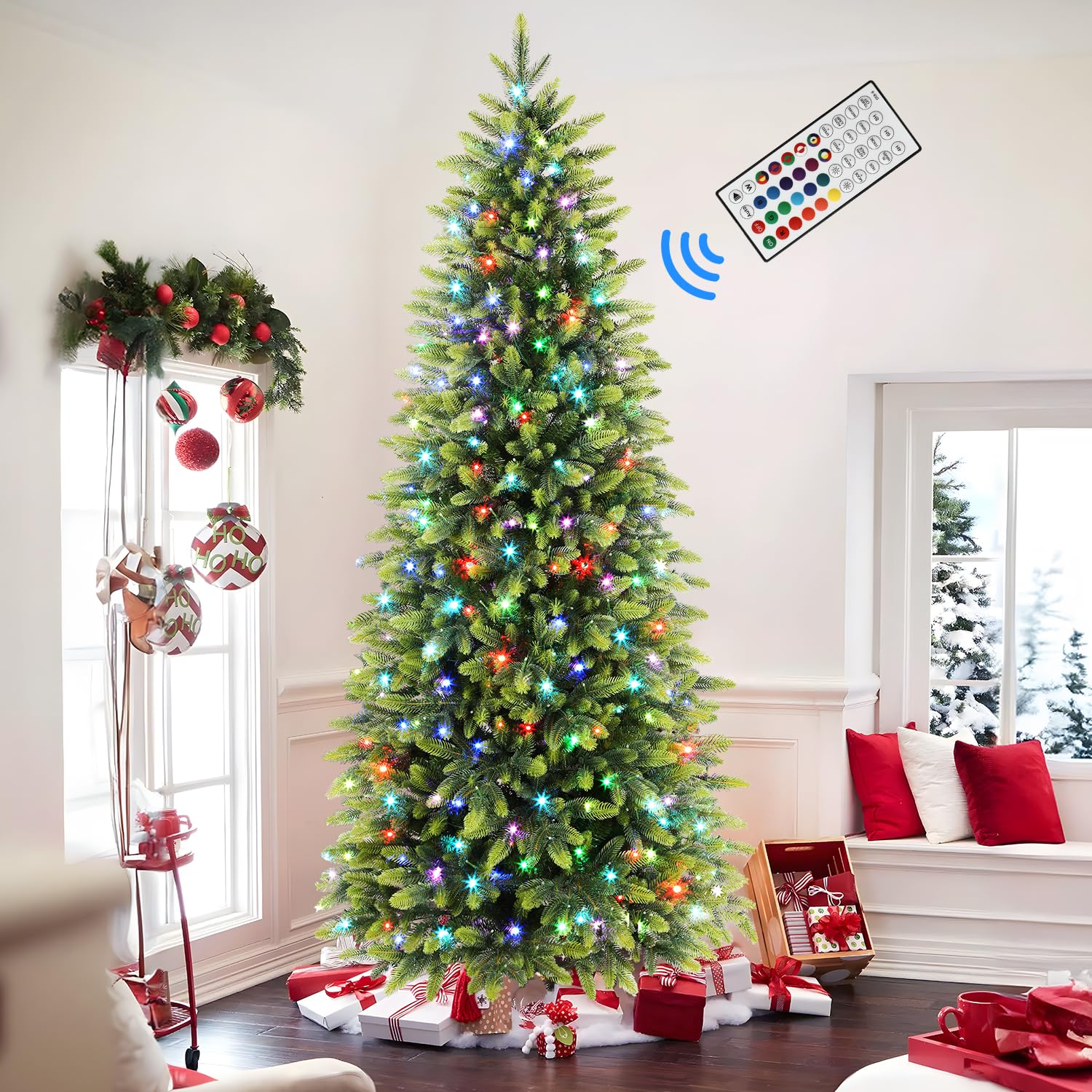 7.5ft Prelit 306 RGB Lights Realistic Artificial Hinged Christmas Tree with 1959 Branch Tip and Remote
