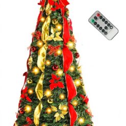 Pop Up Warm White & Multi-Color Lights Artificial Christmas Tree with Red&Gold Decorations