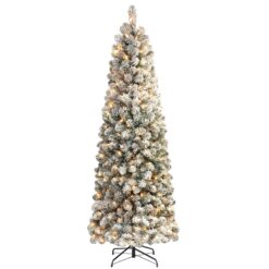 7ft Prelit Snow Flocked Spruce Artificial Slim Pencil Tree with Warm White Lights
