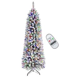 7.5ft Pencil Snow Flocked Artificial Xmas Tree with Multi-Color Lights