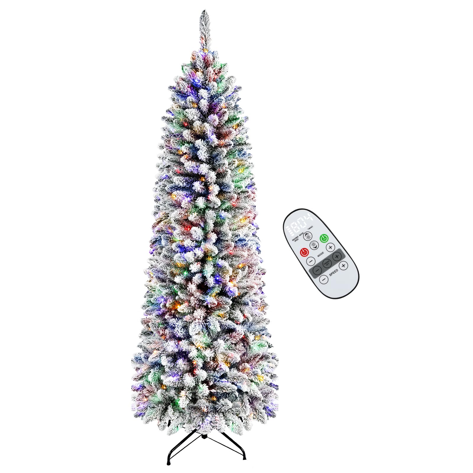 7.5ft Pencil Snow Flocked Artificial Xmas Tree with Multi-Color Lights