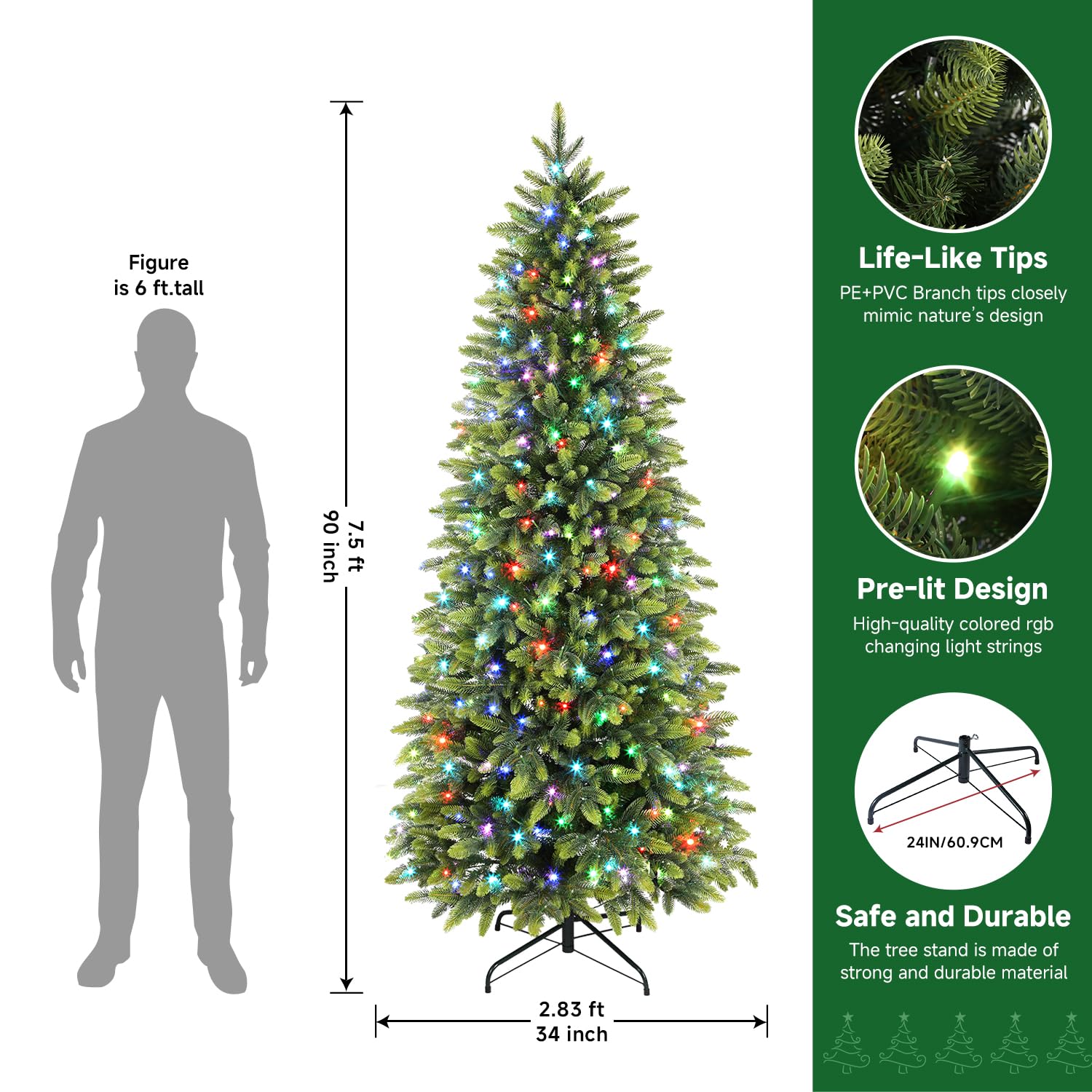 7.5ft Prelit 306 RGB Lights Realistic Artificial Hinged Christmas Tree with 1959 Branch Tip and Remote - Image 3