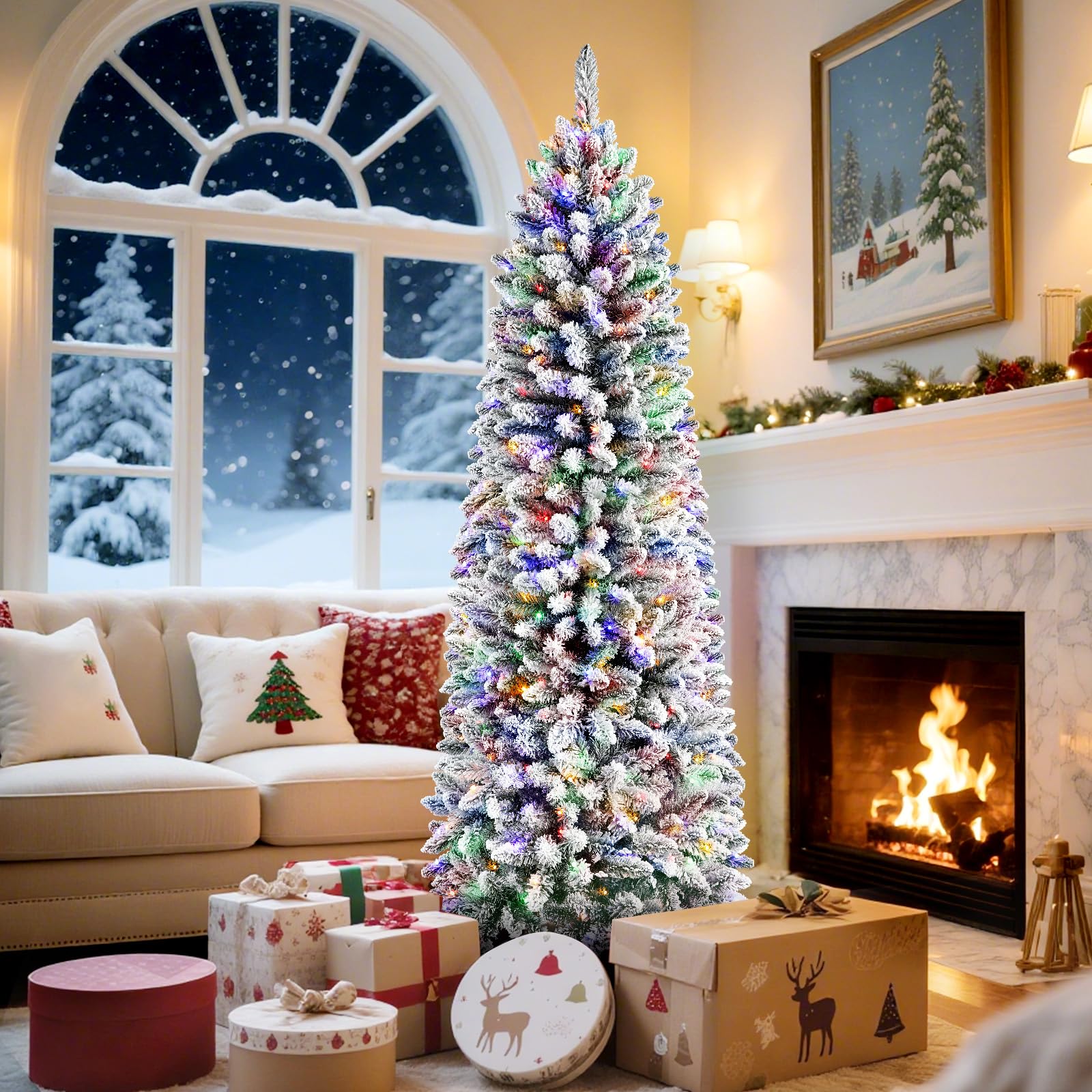 7.5ft Pencil Snow Flocked Artificial Xmas Tree with Multi-Color Lights - Image 2