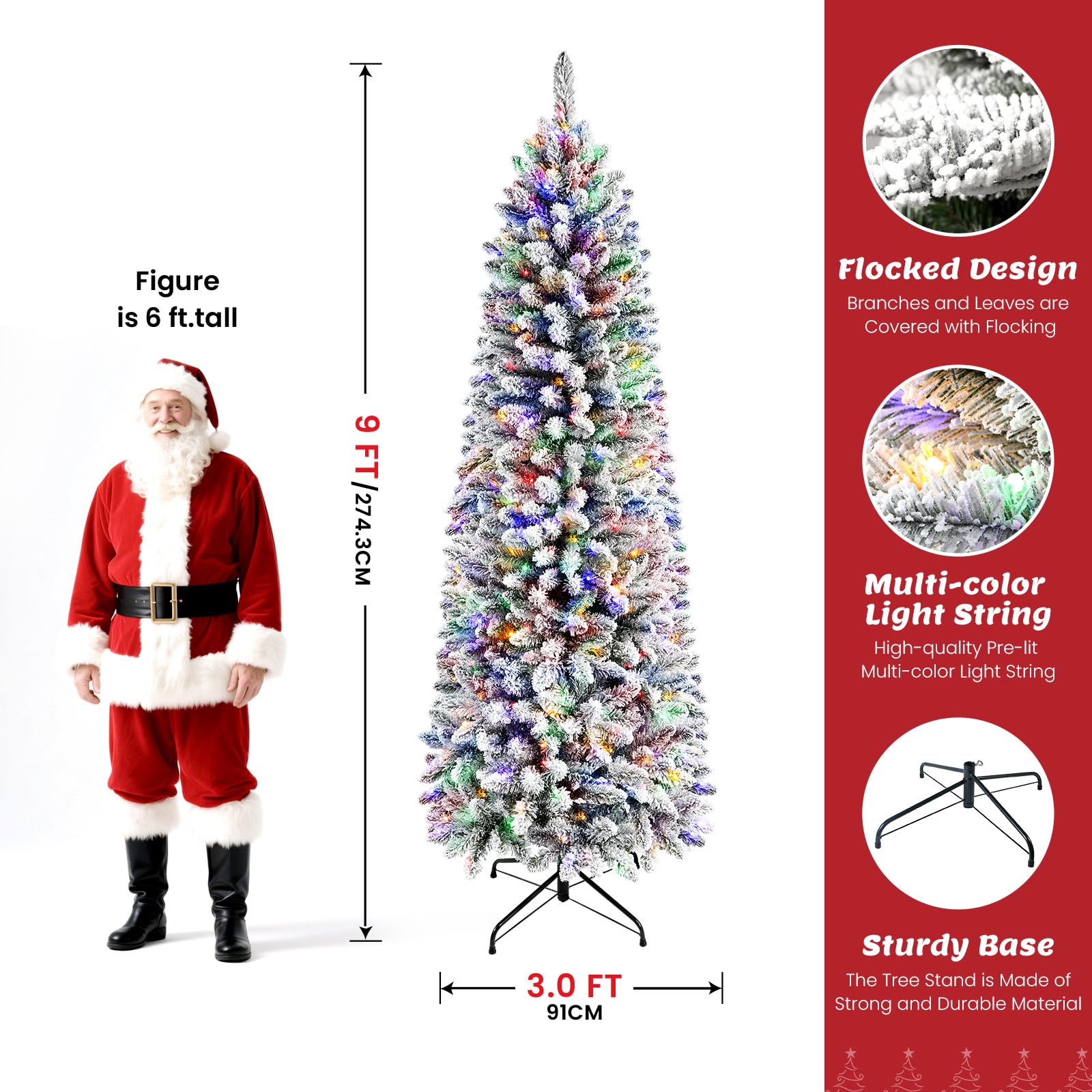 9ft Snow Flocked Pencil Spruce Artificial Xmas Tree with Multi-Color Lights - Image 3