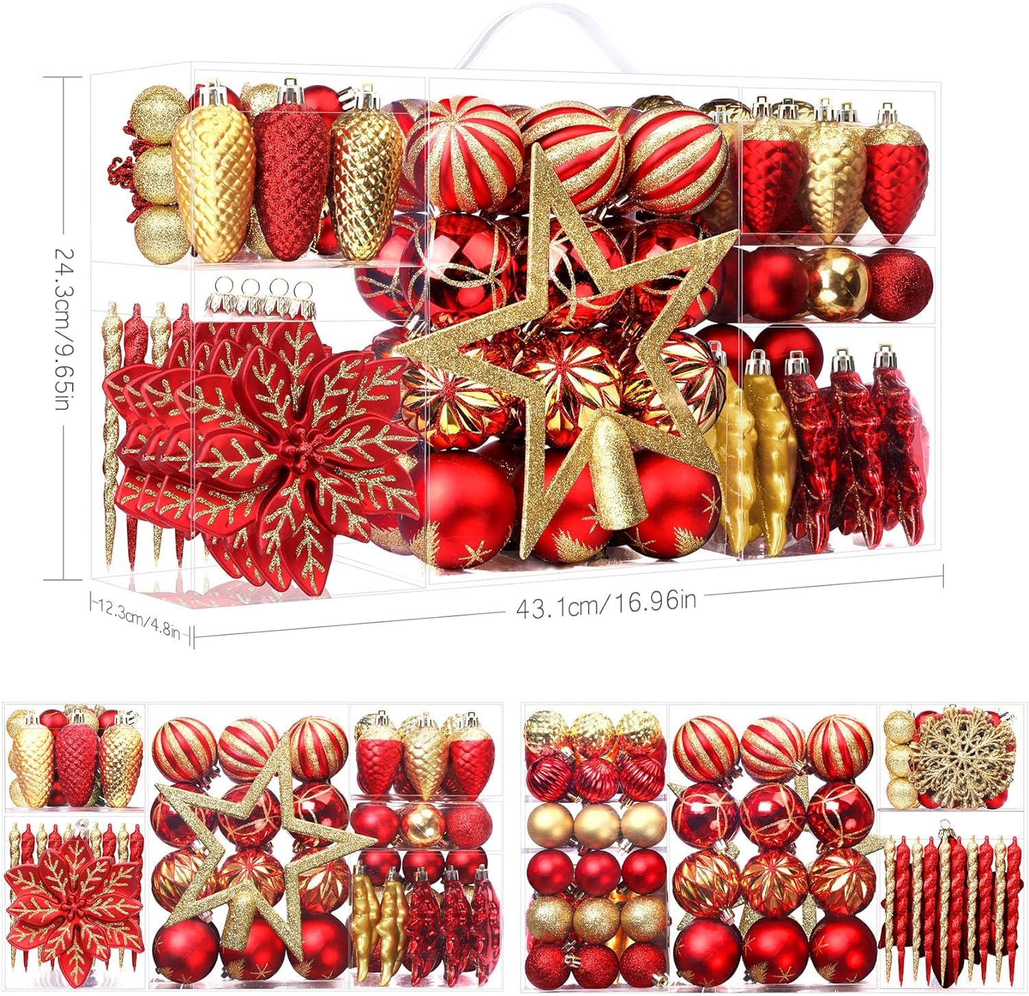 106pcs Christmas Shatterproof Plastic Balls Ornaments Set Red & Gold - Image 6