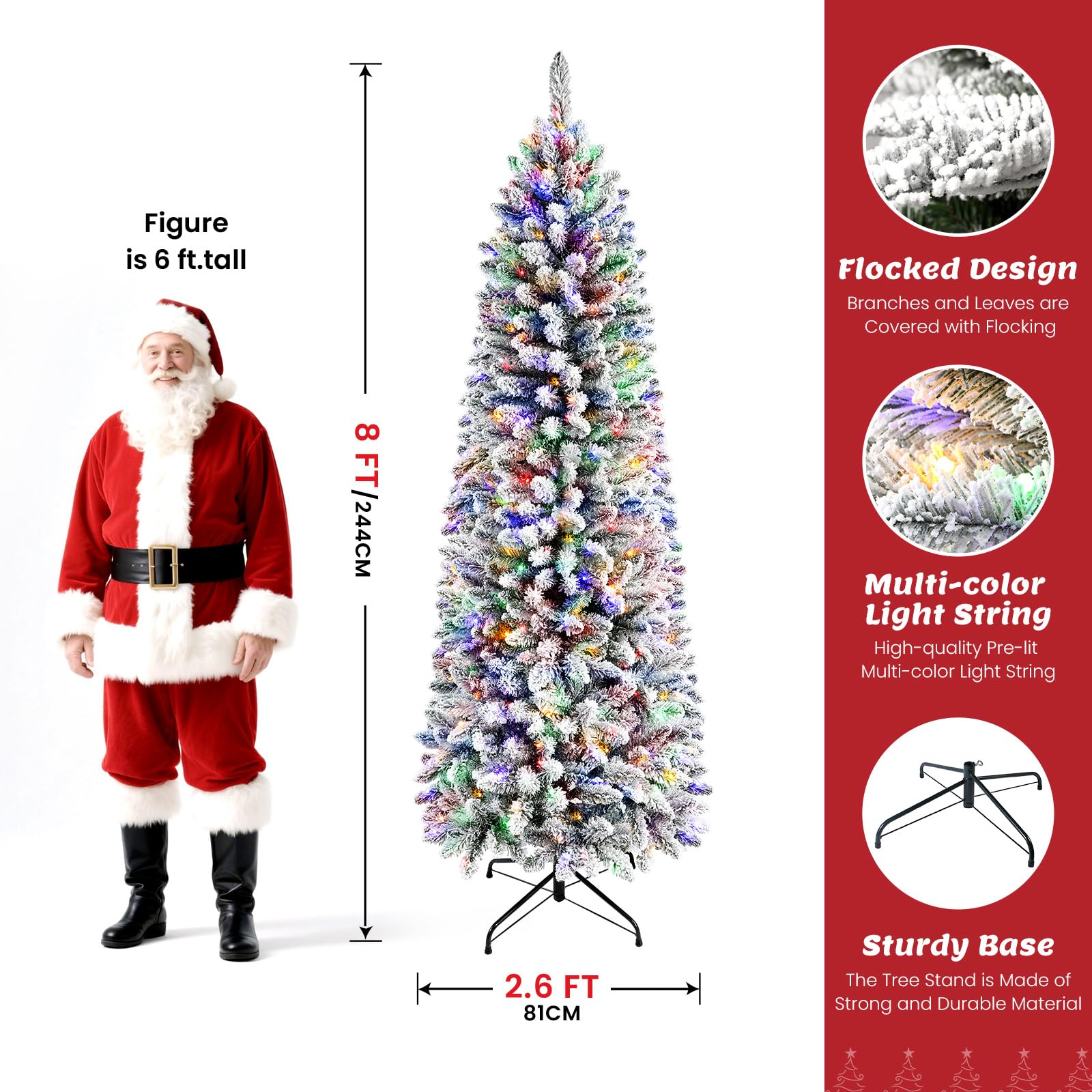 8ft Flocked Pencil Spruce Artificial Christmas Tree with Multi-Color Lights - Image 4