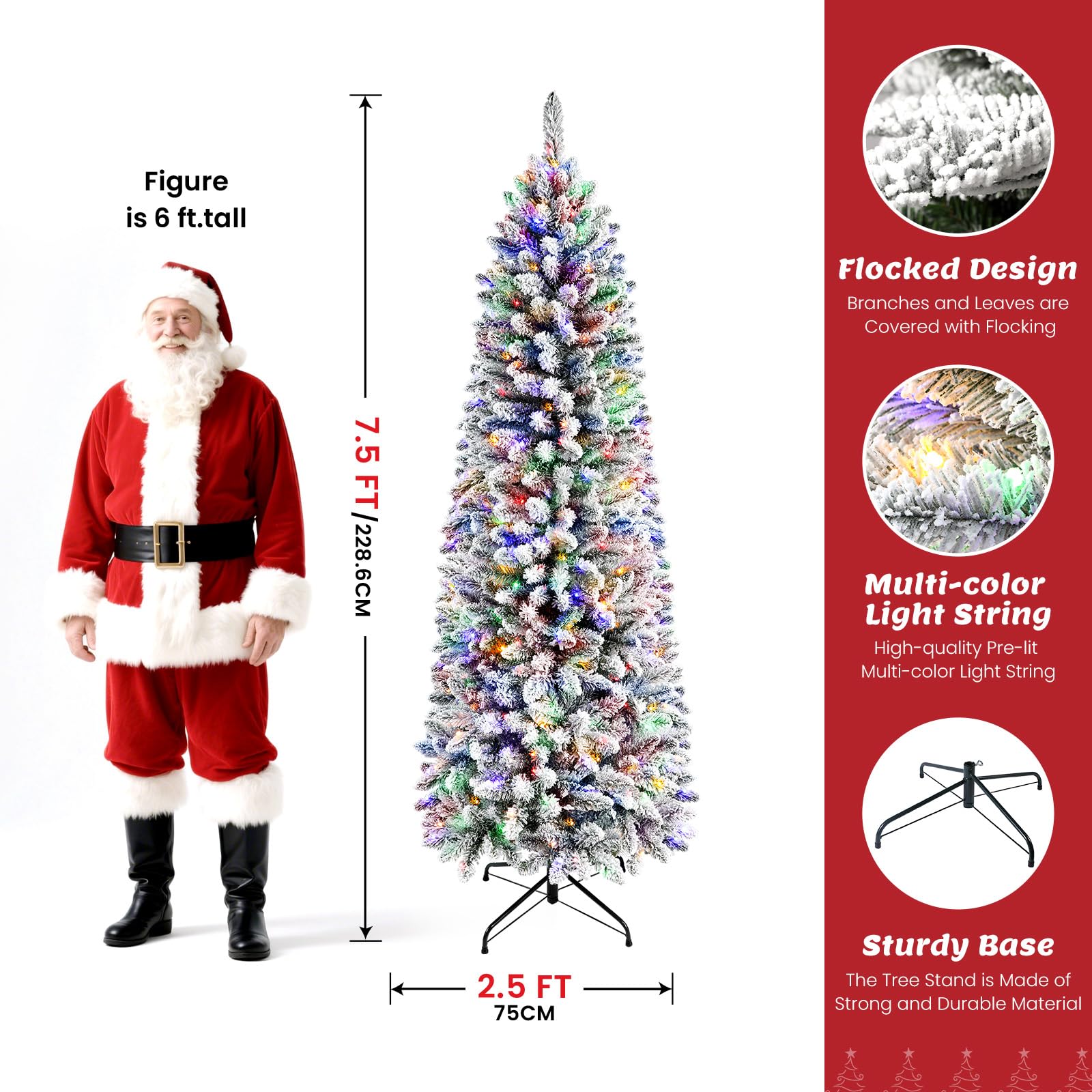 7.5ft Pencil Snow Flocked Artificial Xmas Tree with Multi-Color Lights - Image 3
