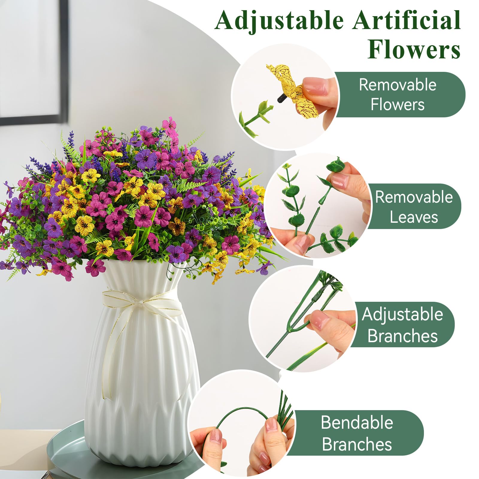 24 Bundles Artificial Flowers, UV Resistant Eucalyptus Violet and Lavender Silk Fake Plants, Yellow Rose Purple - Image 4