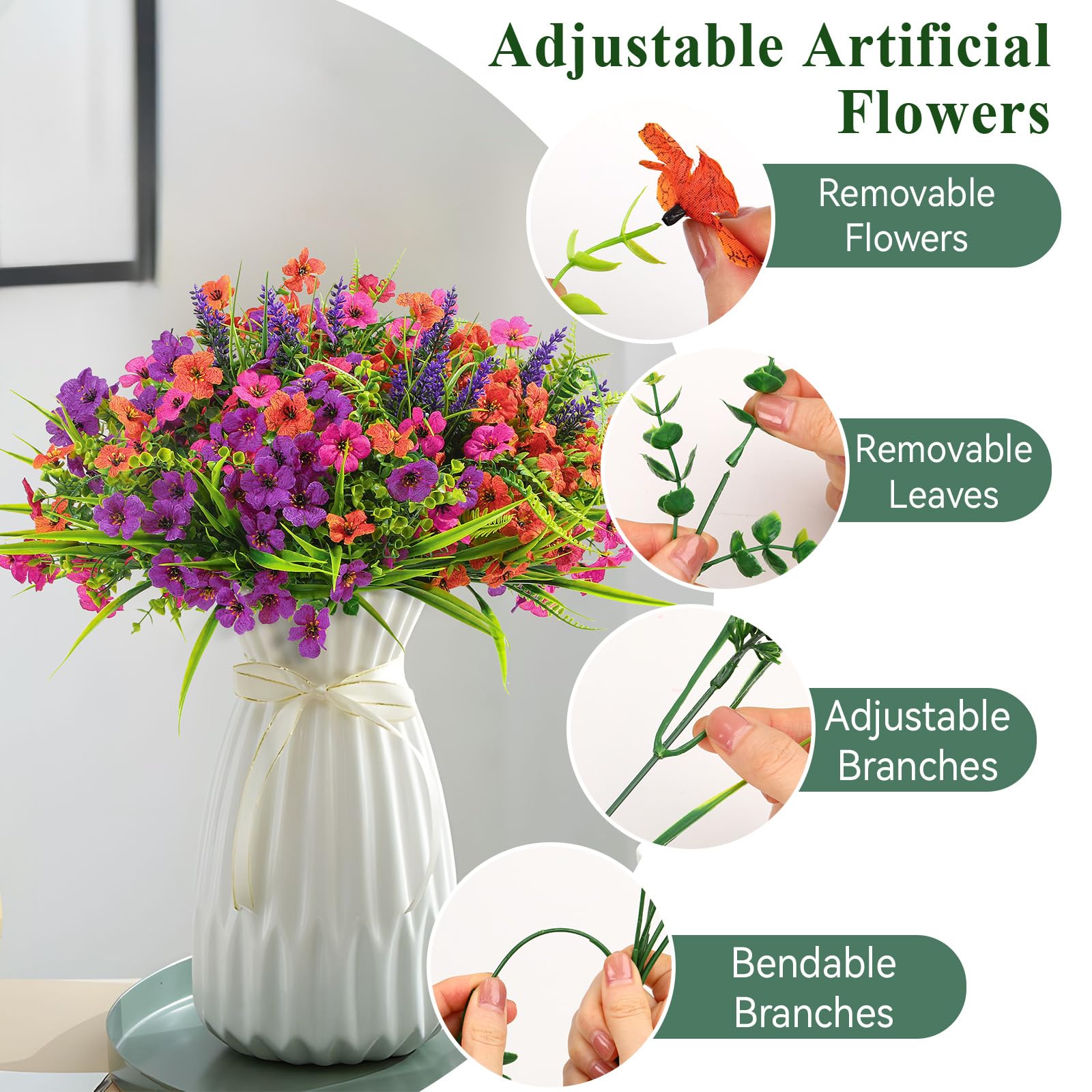 24 Bundles Artificial Flowers UV Resistant Eucalyptus Violet and Lavender- Orange Rose Purple - Image 4