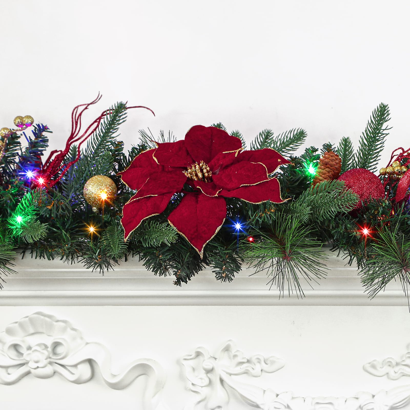 ILluminatedtrees Prelit Christmas Garland Decorations with Multi-Color LED Lights Battery-Operated Timer Lighted Garland with Ball Poinsettia - Image 11