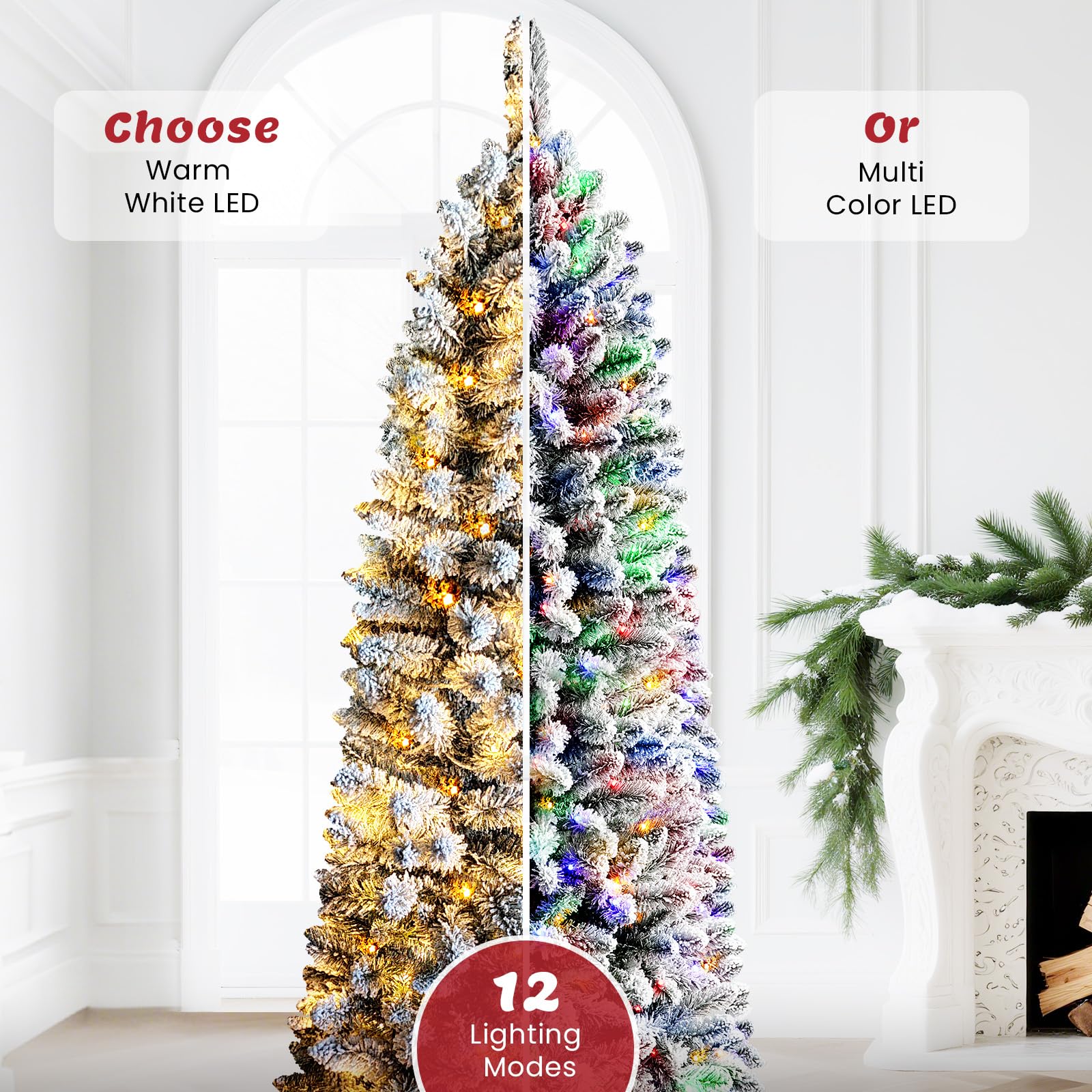 7.5ft Pencil Snow Flocked Artificial Xmas Tree with Multi-Color Lights - Image 4