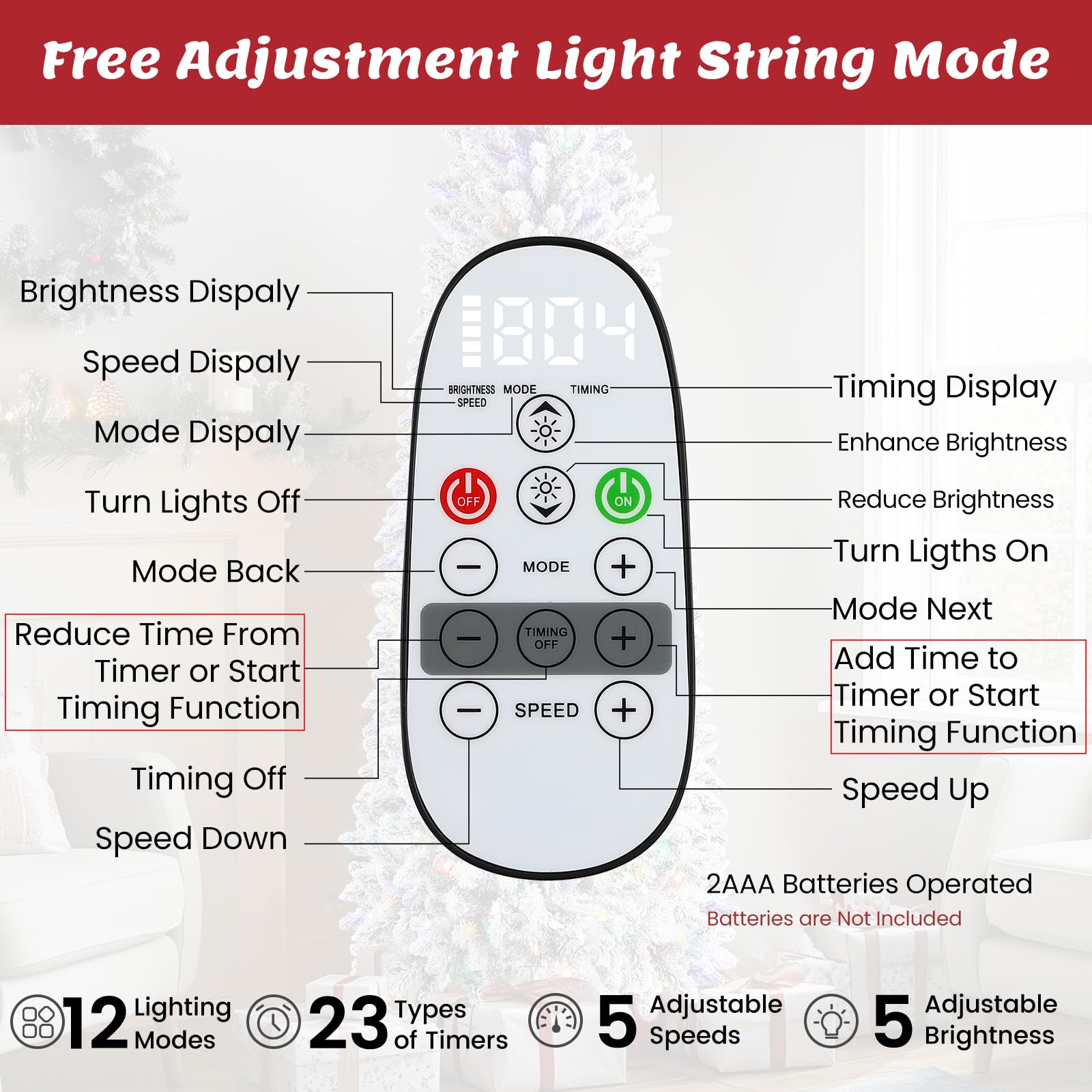 9ft Snow Flocked Pencil Spruce Artificial Xmas Tree with Multi-Color Lights - Image 5