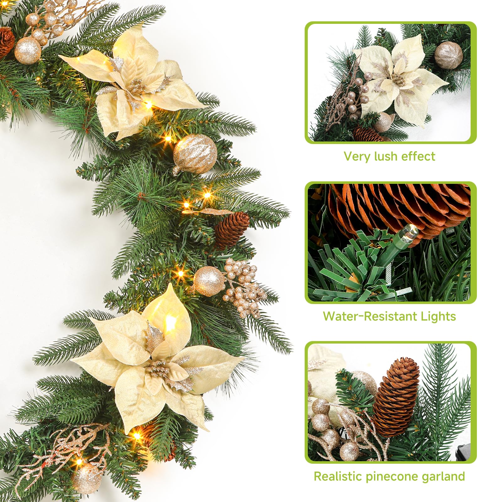 ILluminatedtrees Prelit Christmas Garland Decorations with Multi-Color LED Lights Battery-Operated Timer Lighted Garland with Ball Poinsettia - Image 6