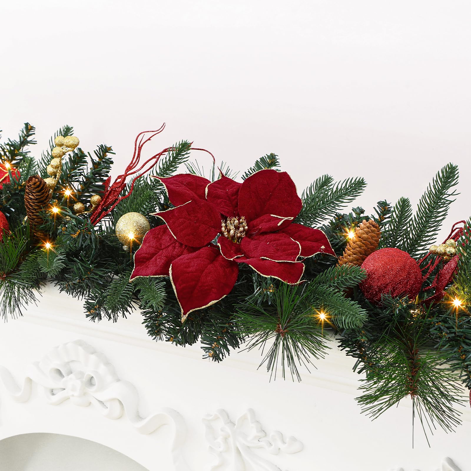 ILluminatedtrees Prelit Christmas Garland Decorations with Multi-Color LED Lights Battery-Operated Timer Lighted Garland with Ball Poinsettia - Image 12