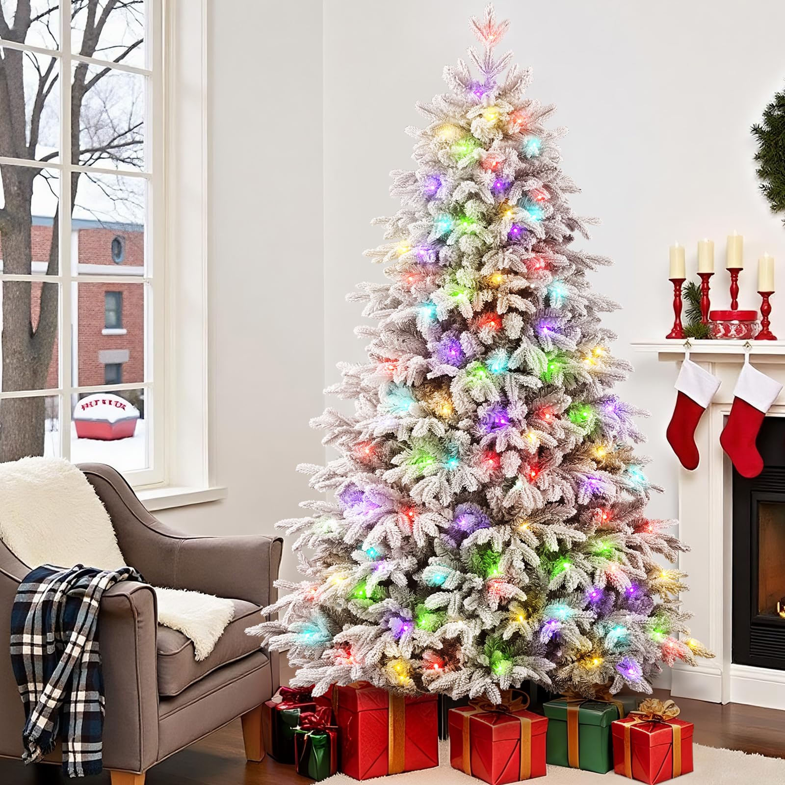 7.5ft Flocked Cedar Christmas Trees with 450 RGB Lights - Image 3