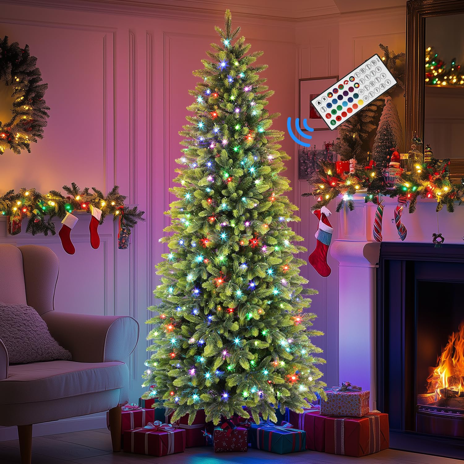 7.5ft Prelit 306 RGB Lights Realistic Artificial Hinged Christmas Tree with 1959 Branch Tip and Remote - Image 7