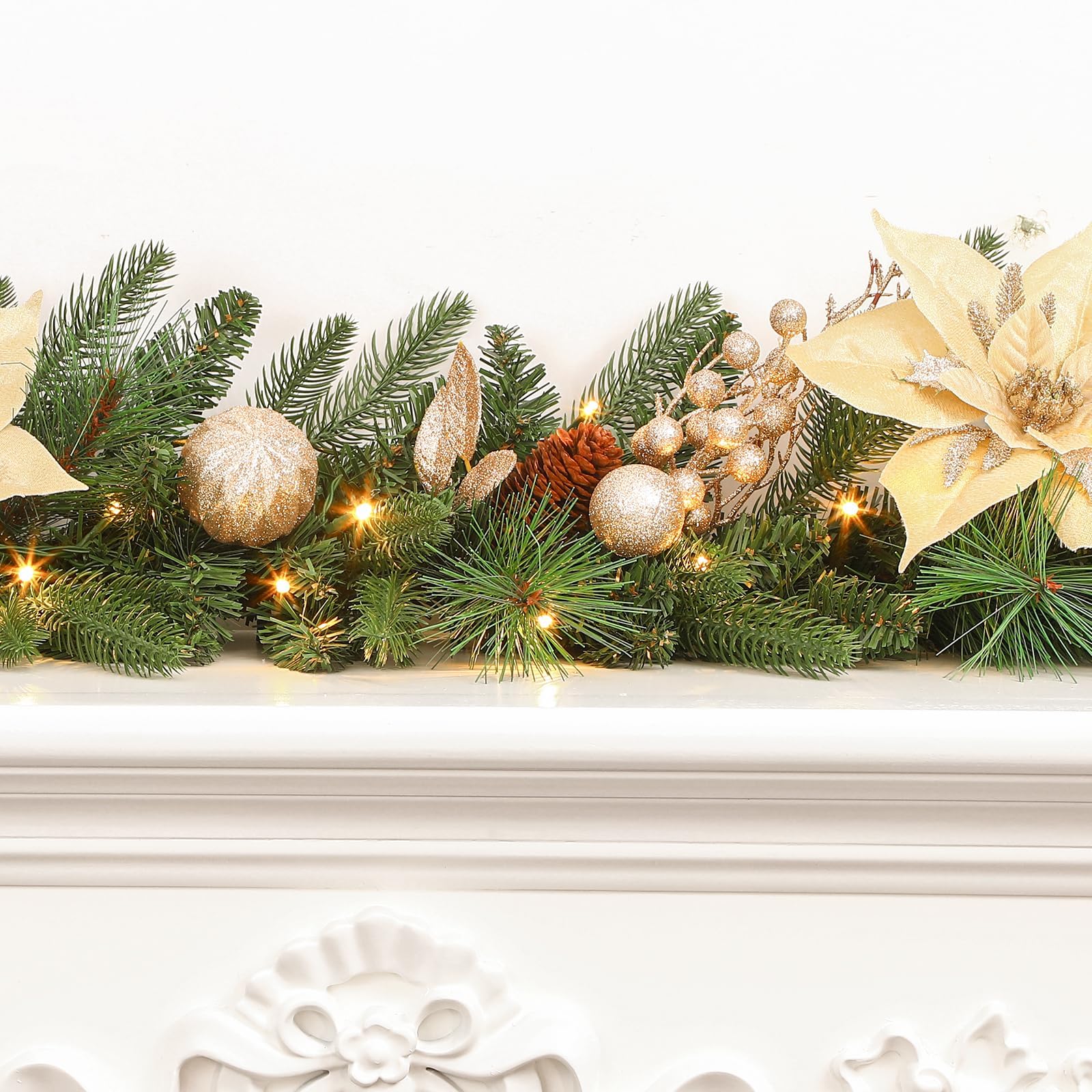 ILluminatedtrees Prelit Christmas Garland Decorations with Multi-Color LED Lights Battery-Operated Timer Lighted Garland with Ball Poinsettia - Image 7