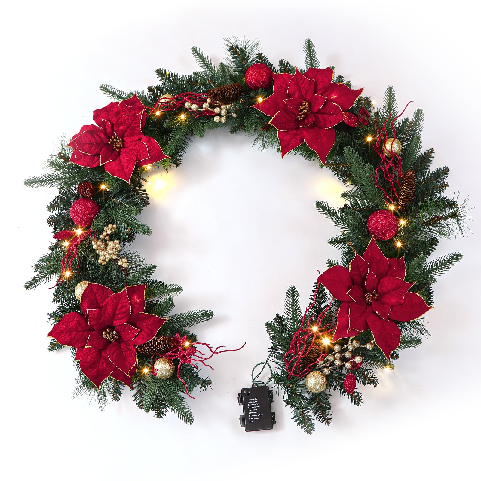 ILluminatedtrees Prelit Christmas Garland Decorations with Multi-Color LED Lights Battery-Operated Timer Lighted Garland with Ball Poinsettia - Image 13