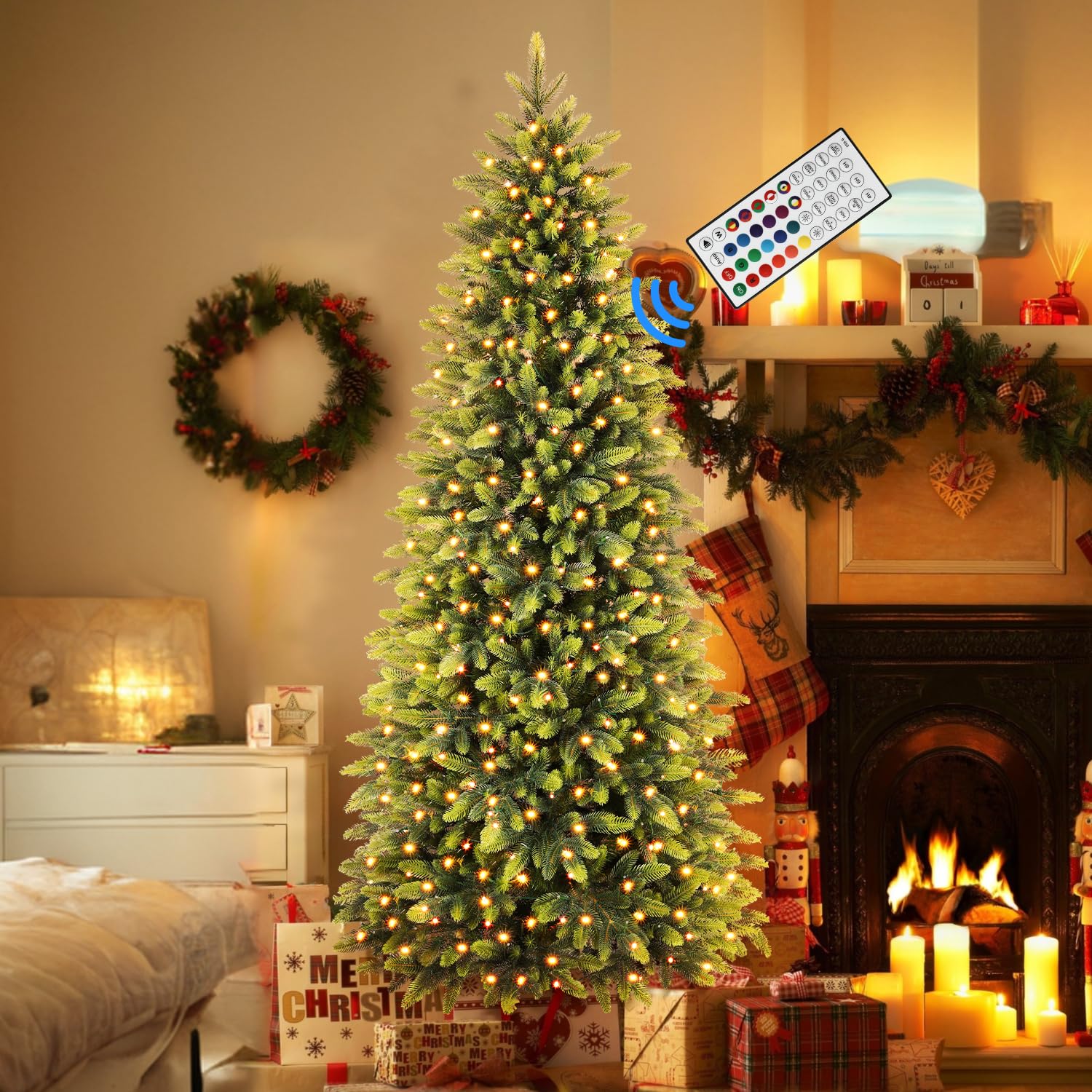 7.5ft Prelit 306 RGB Lights Realistic Artificial Hinged Christmas Tree with 1959 Branch Tip and Remote - Image 9