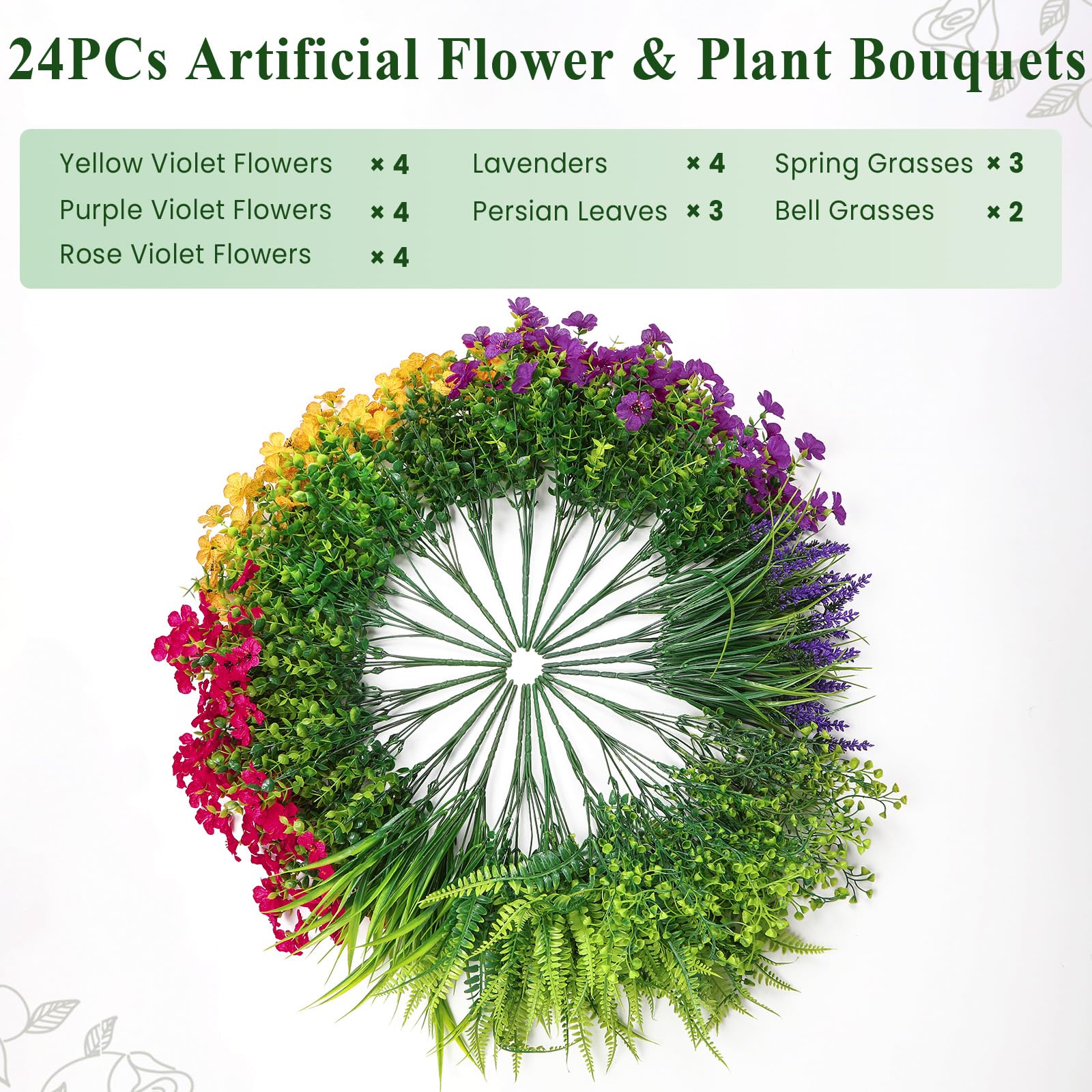 24 Bundles Artificial Flowers, UV Resistant Eucalyptus Violet and Lavender Silk Fake Plants, Yellow Rose Purple - Image 8