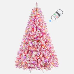 6ft Pink Flocked Spruce Artificial Hinged Christmas Tree with Multi Color Lights
