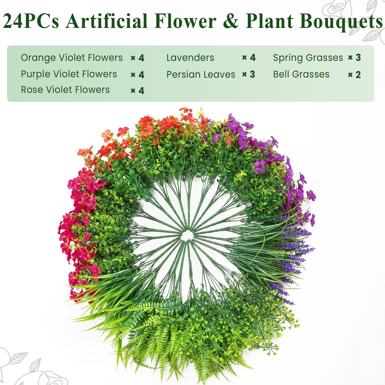 24 Bundles Artificial Flowers UV Resistant Eucalyptus Violet and Lavender- Orange Rose Purple - Image 8