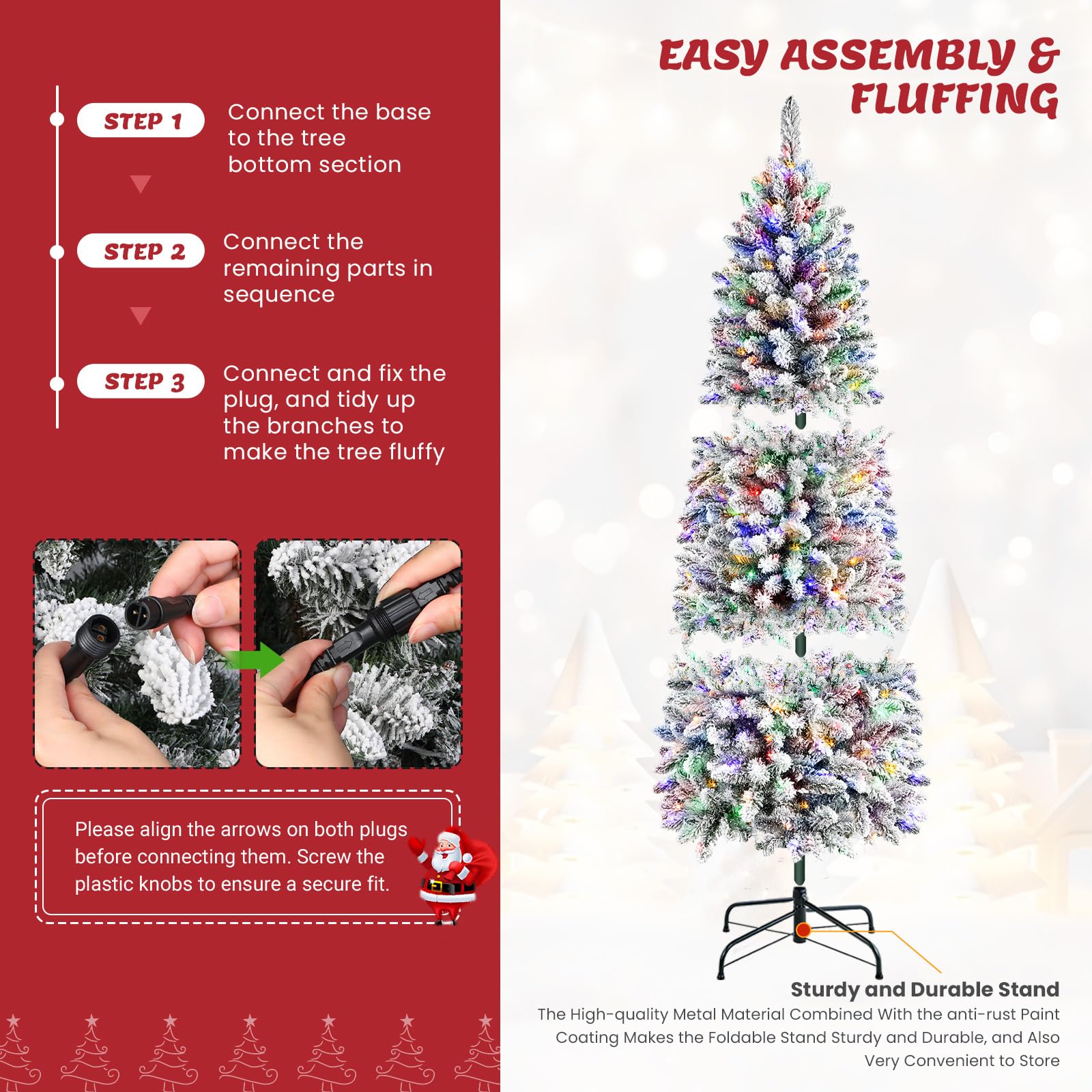 9ft Snow Flocked Pencil Spruce Artificial Xmas Tree with Multi-Color Lights - Image 8