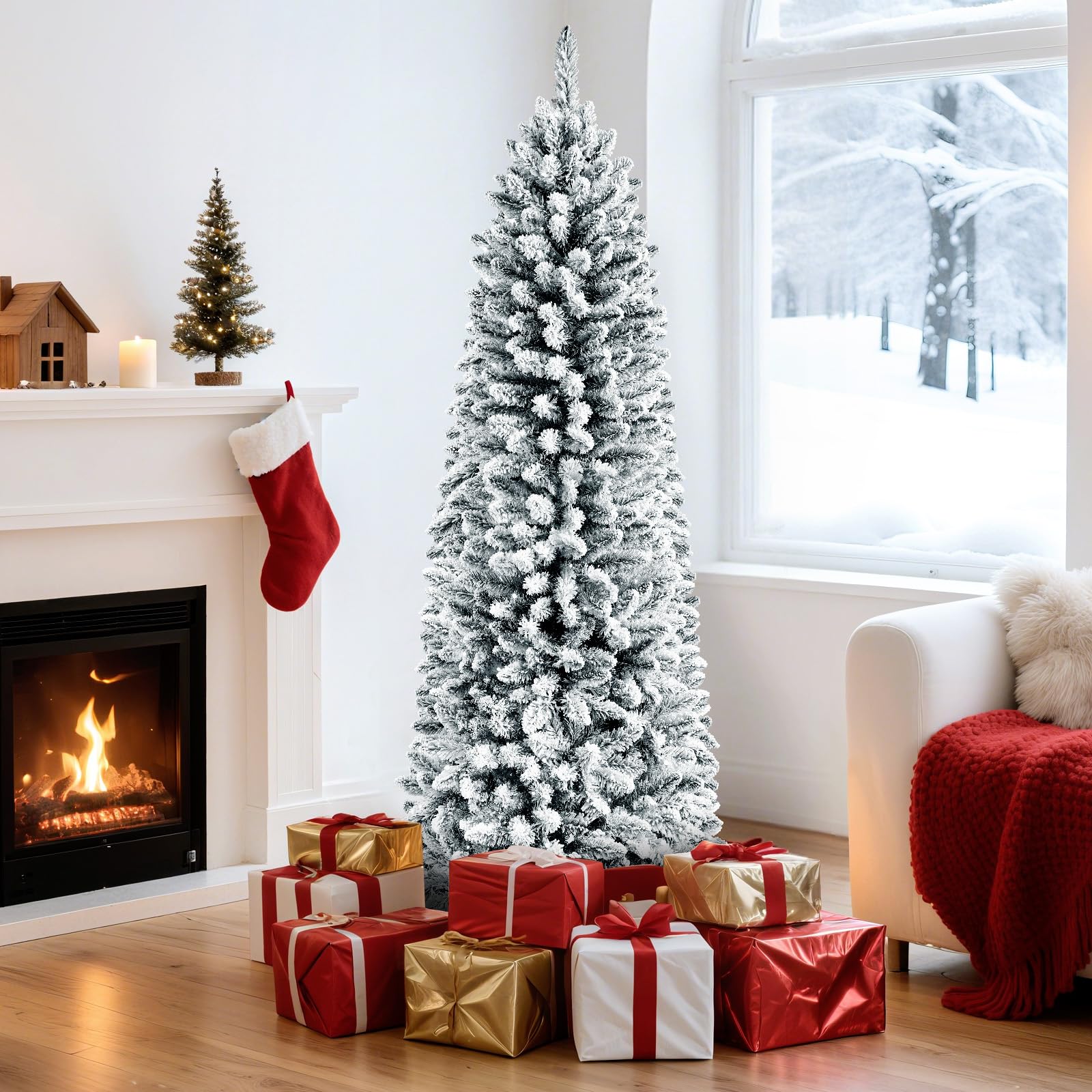 7.5ft Pencil Snow Flocked Artificial Xmas Tree with Multi-Color Lights - Image 9