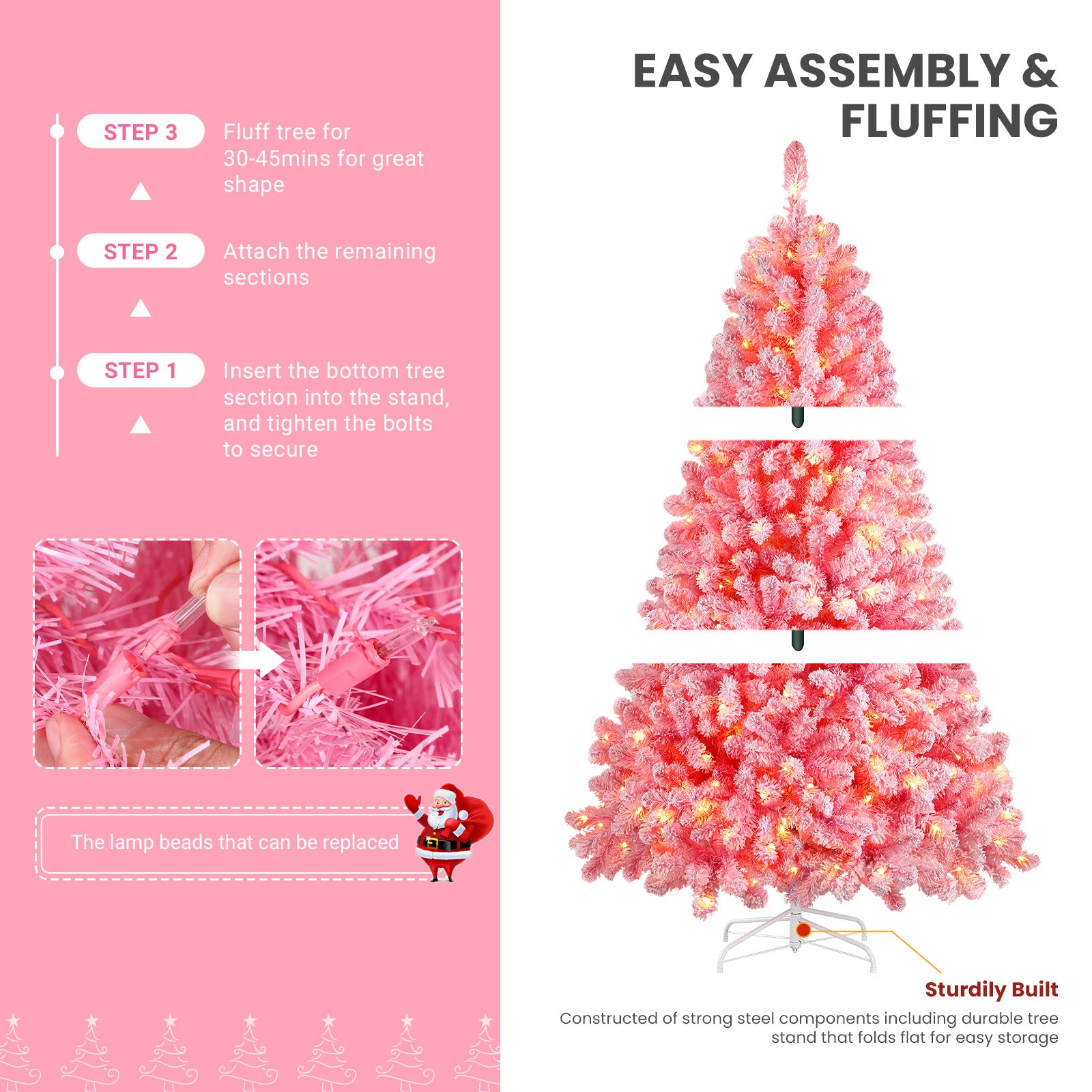 6ft Prelit 250 Warm White Lights Pink Flocked Spruce Artificial Christmas Trees - Image 4
