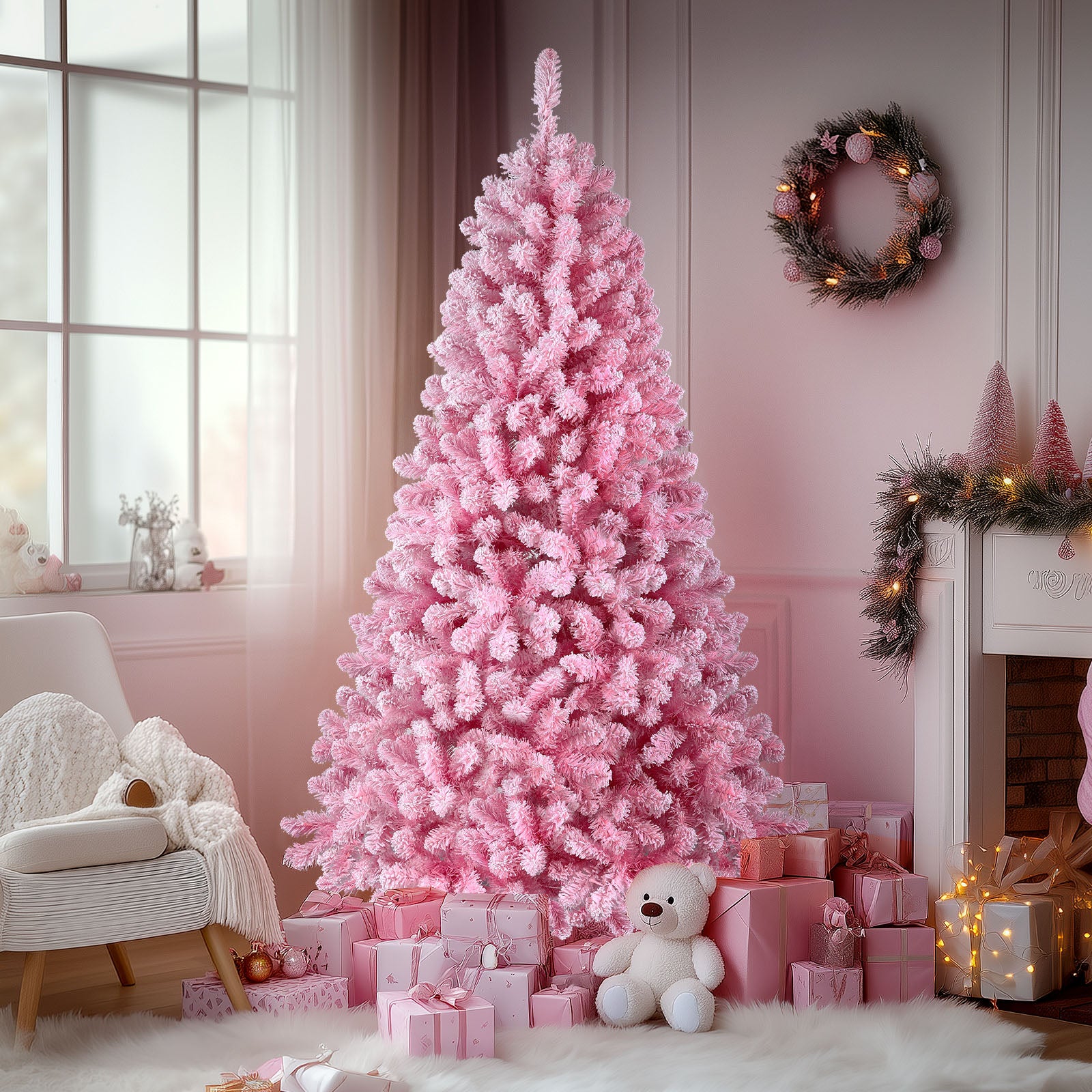 6ft Prelit 250 Warm White Lights Pink Flocked Spruce Artificial Christmas Trees - Image 7