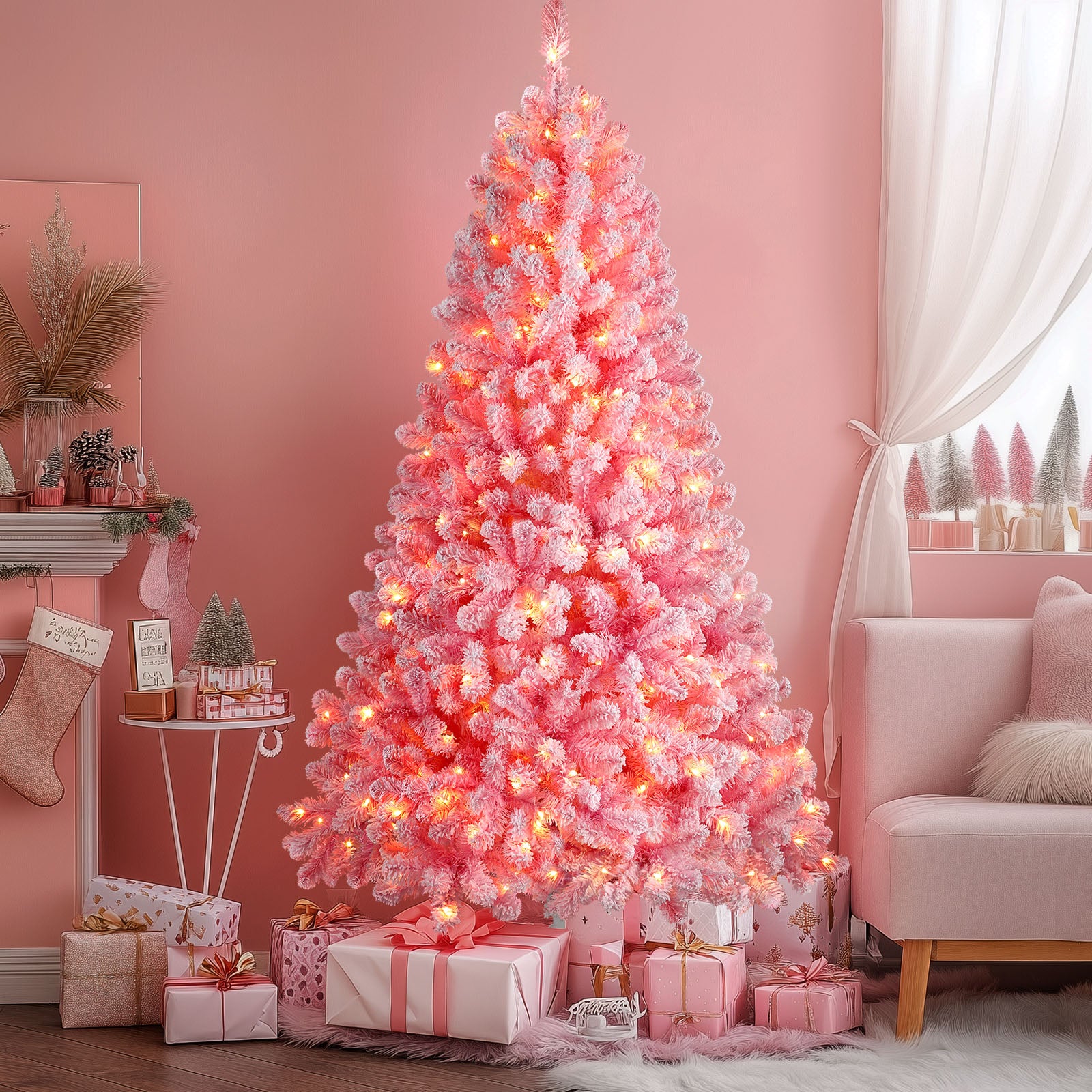 6ft Prelit 250 Warm White Lights Pink Flocked Spruce Artificial Christmas Trees