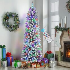4ft Prelit Snow Flocked Artificial Pencil Christmas Tree with Multi-Color RGB Lights and Remote
