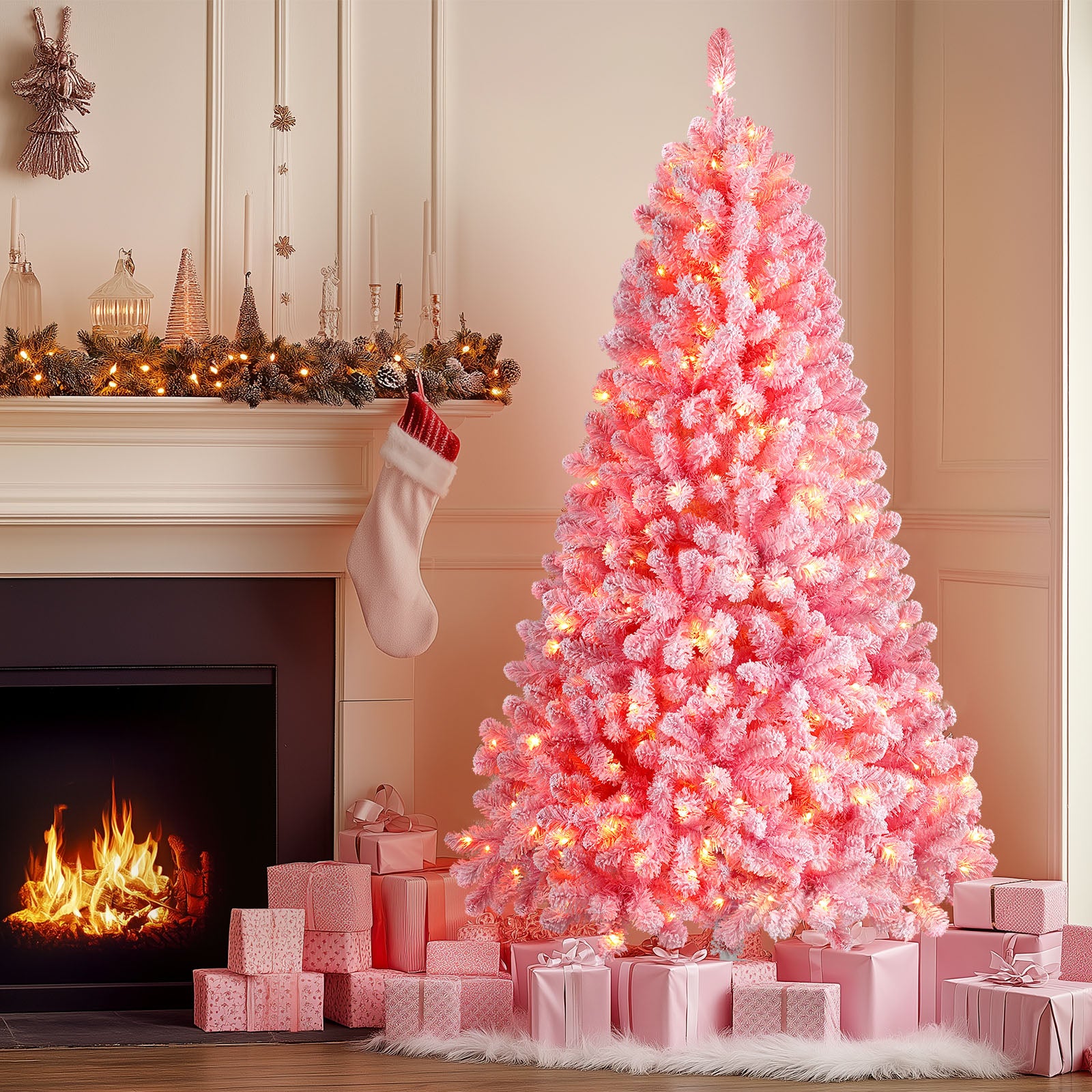 6ft Prelit 250 Warm White Lights Pink Flocked Spruce Artificial Christmas Trees - Image 6