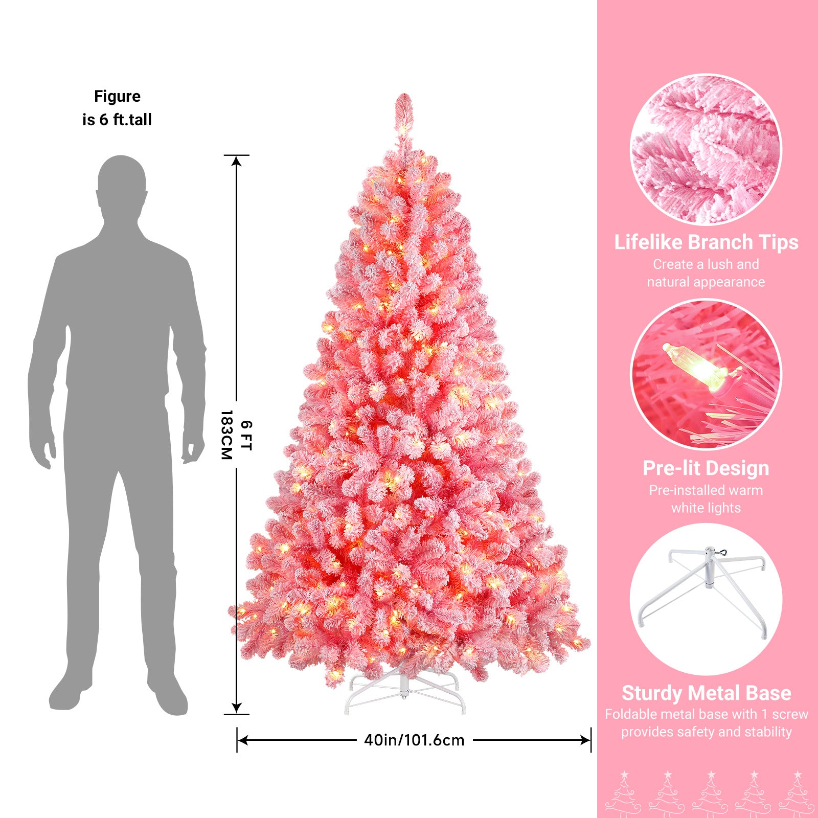 6ft Prelit 250 Warm White Lights Pink Flocked Spruce Artificial Christmas Trees - Image 3