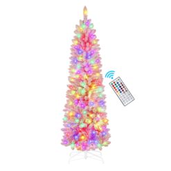 6ft Prelit RGB Lights Snow Flocked Artificial Pencil Spruce Christmas Trees