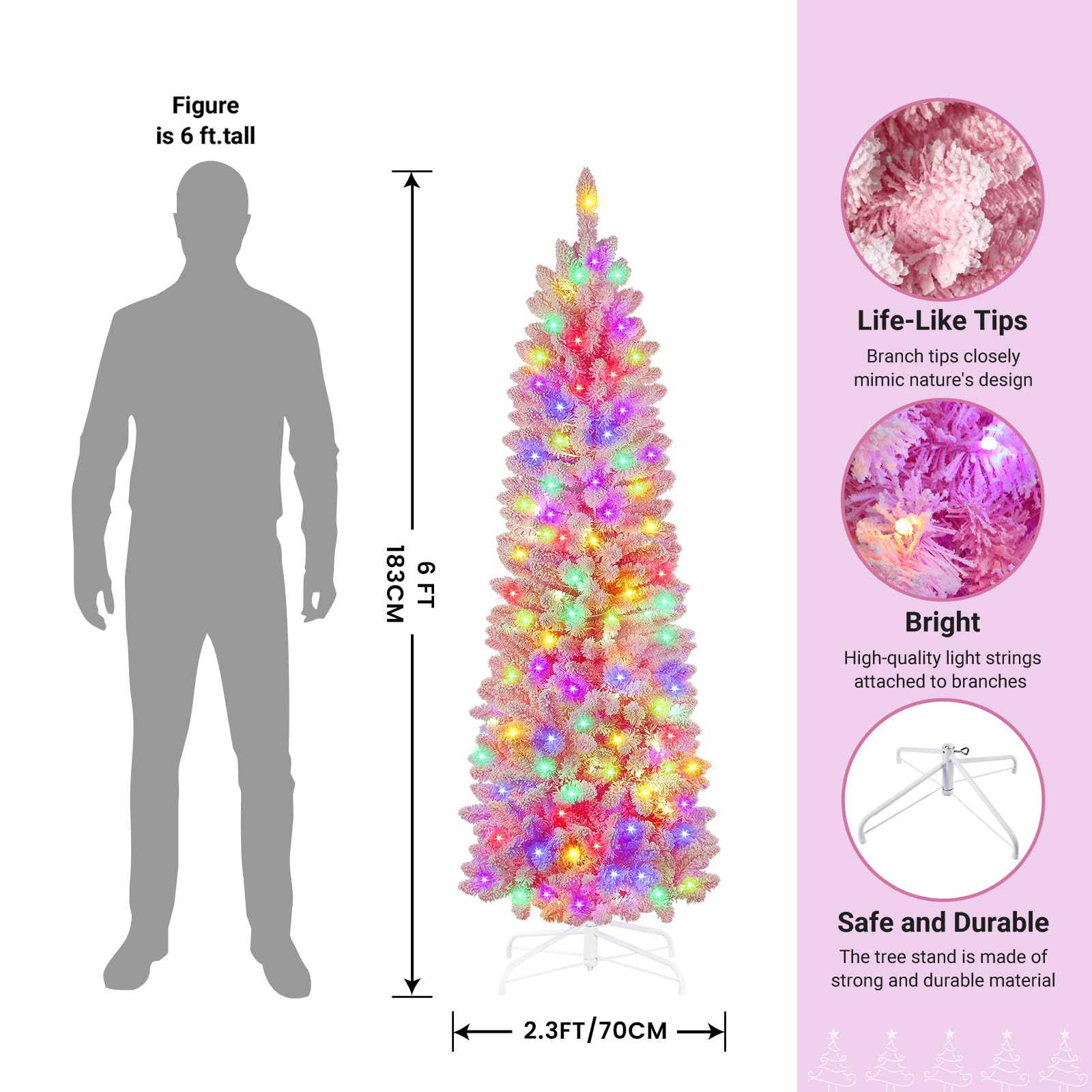 6ft Prelit RGB Lights Snow Flocked Artificial Pencil Spruce Christmas Trees - Image 7