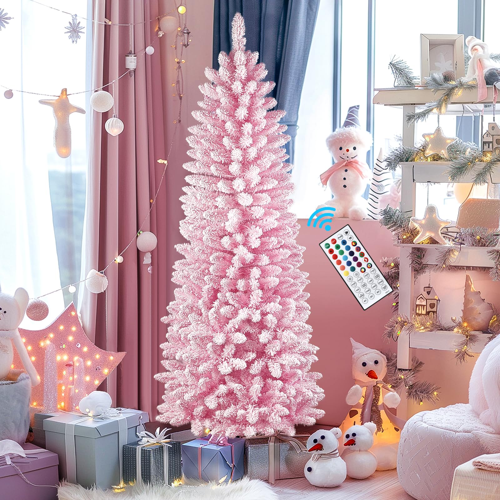 6ft Prelit RGB Lights Snow Flocked Artificial Pencil Spruce Christmas Trees - Image 6