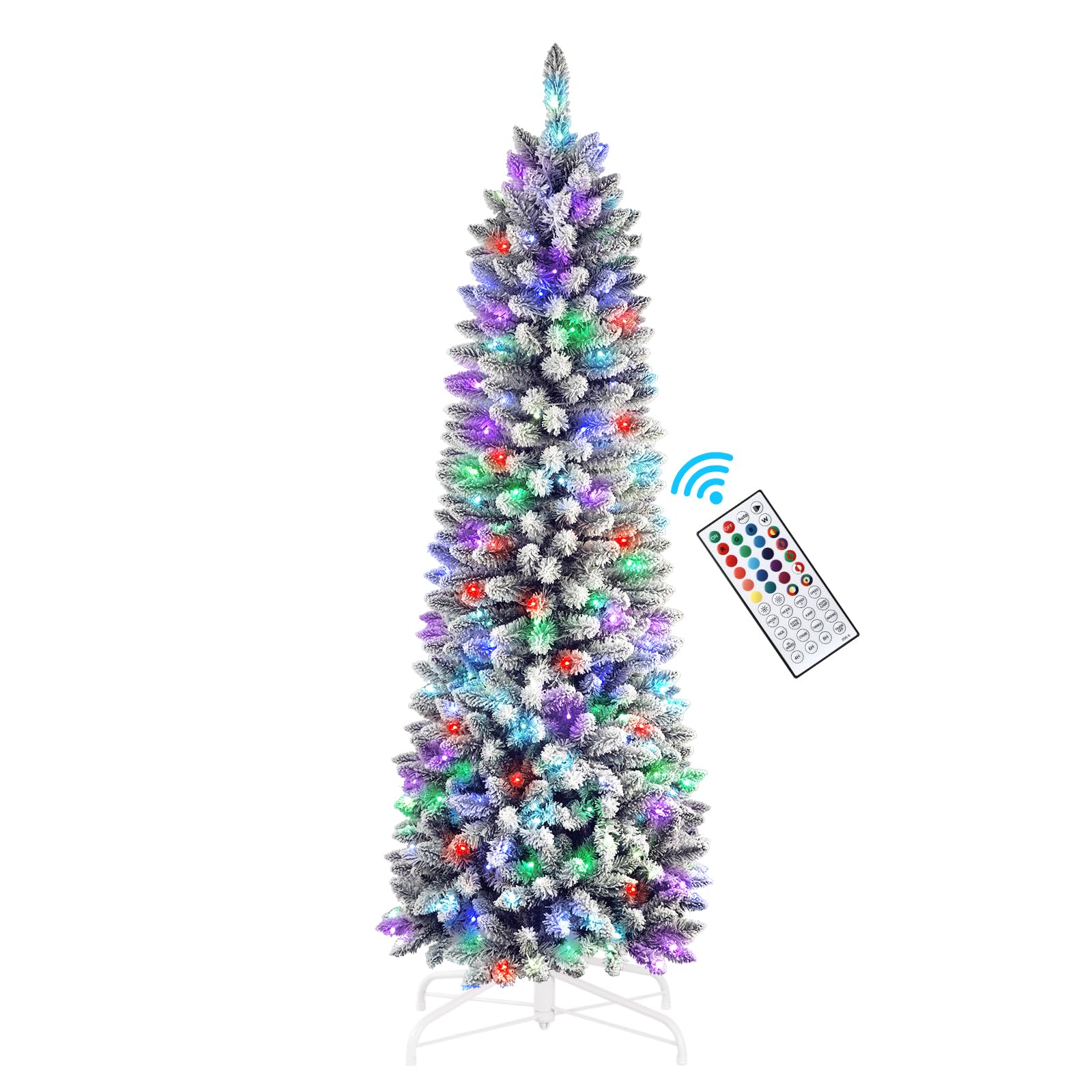 6ft Prelit RGB Lights White Flocked Artificial Pencil Xmas Christmas Tree with Remote - Image 2