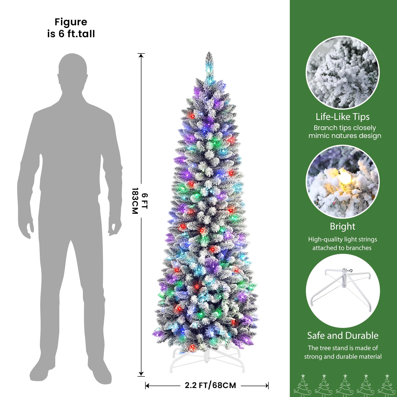 6ft Prelit RGB Lights White Flocked Artificial Pencil Xmas Christmas Tree with Remote - Image 3