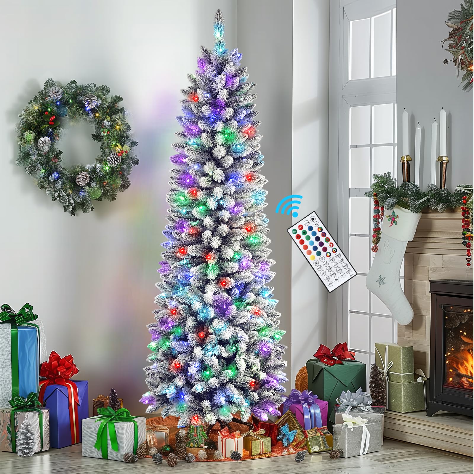 6ft Prelit RGB Lights White Flocked Artificial Pencil Xmas Christmas Tree with Remote