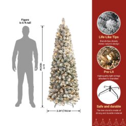 Alternative view of 6ft Prelit Warm White Lights Snow Flocked Artificial Hinged Slim Pencil Christmas Tree