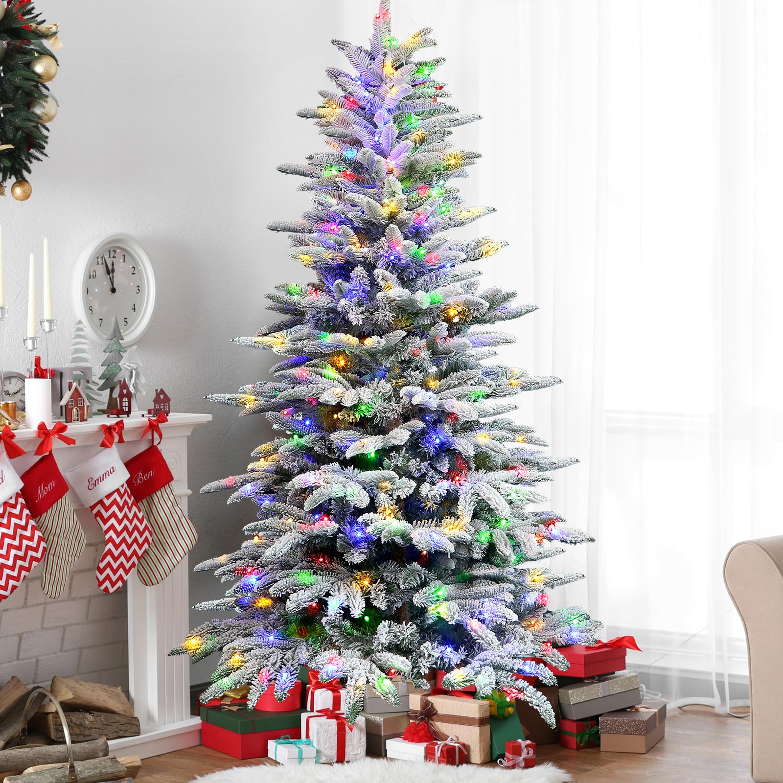 6ft Realistic White Flocked Artificial Christmas Trees with RGB Lights and Remote