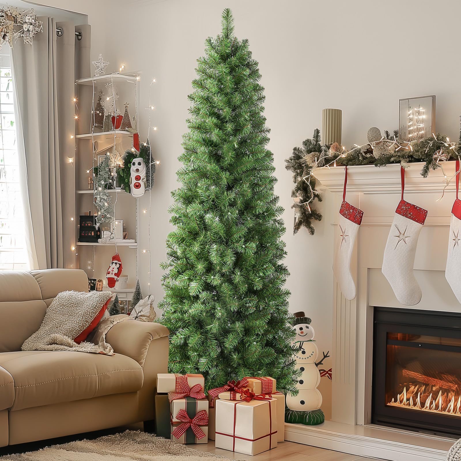 Warm White Lights Classic Artificial Slim Pencil Christmas Trees - Image 2