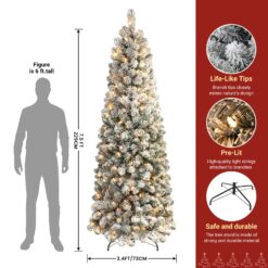 Alternative view of 7.5ft Prelit Warm White Lights Snow Flocked Artificial Hinged Slim Pencil Christmas Tree